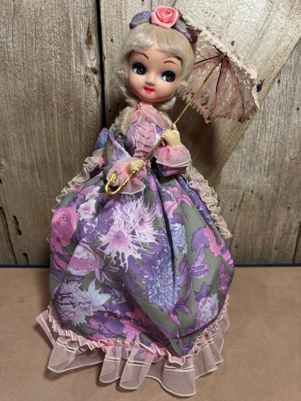 VTG 13" Bradley Big Eye Doll Music Box Blonde Hair WORKS Purple Floral